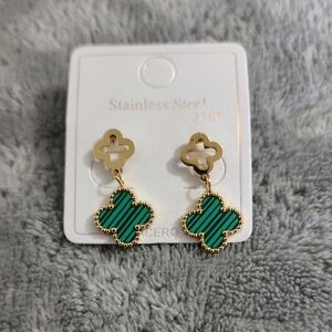 Gold-Tone Green Clover Drop Earrings - Stainless Steel